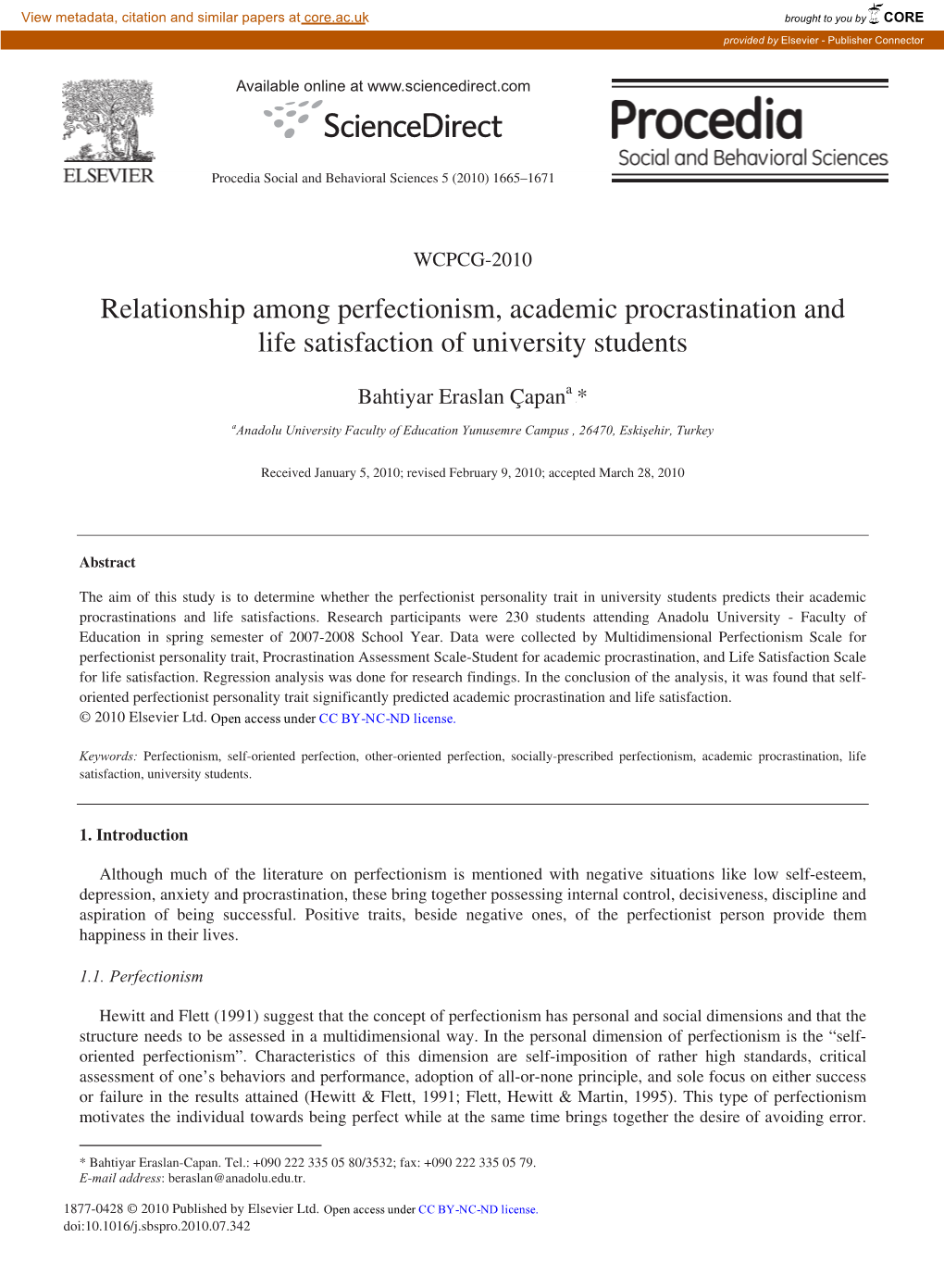 Relationship Among Perfectionism, Academic Procrastination and Life Satisfaction of University Students