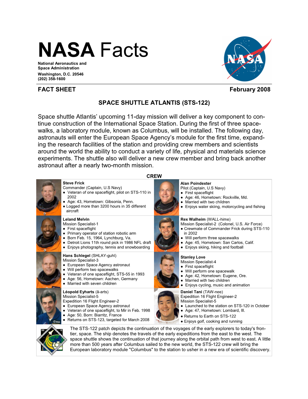 STS-122 Fact Sheet