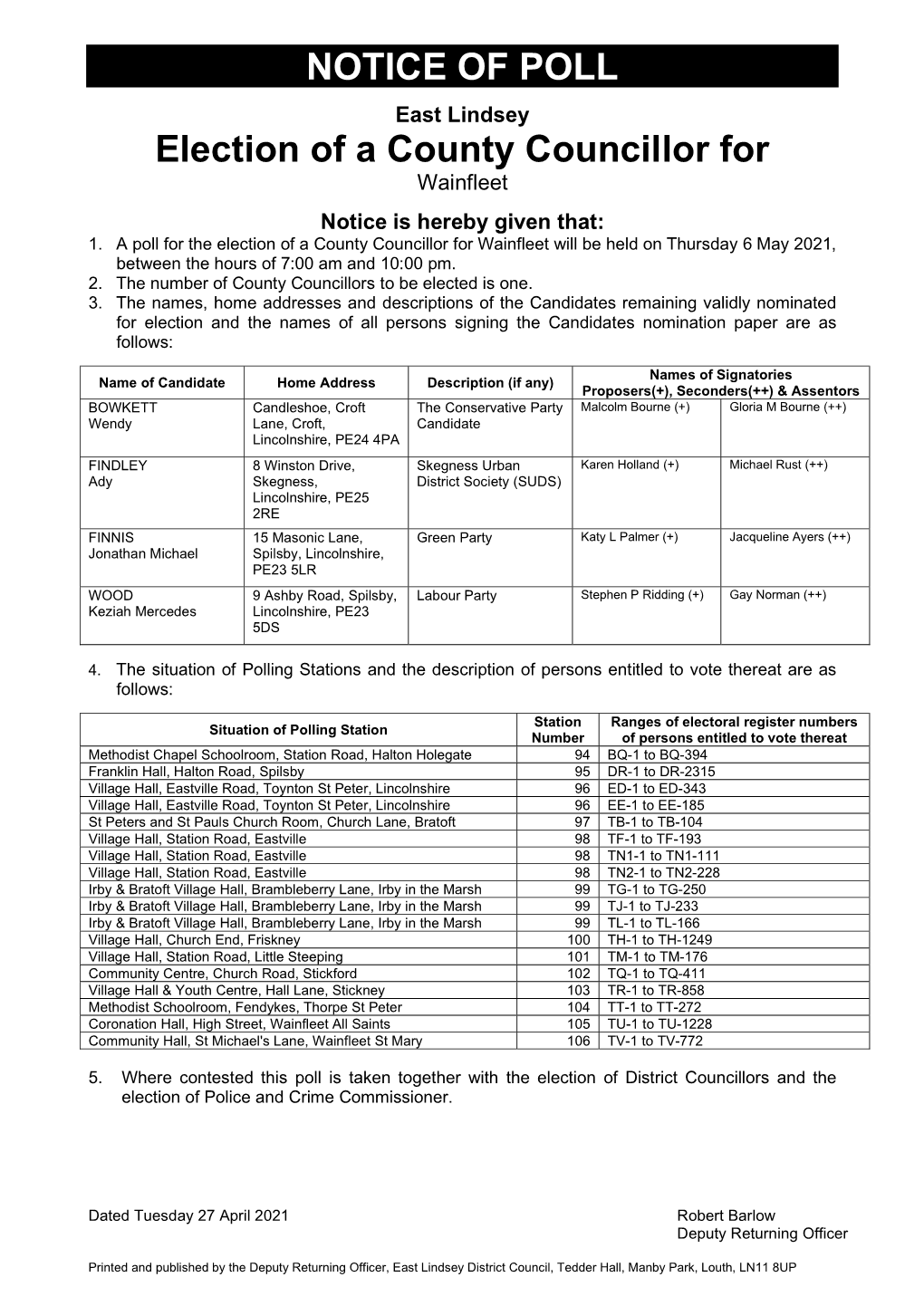 NOTICE of POLL Election of a County Councillor