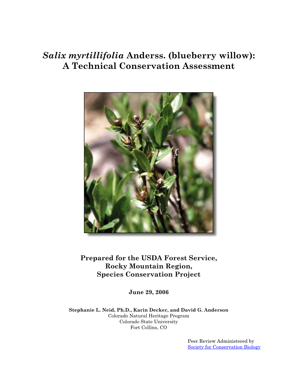 Salix Myrtillifolia Anderss. (Blueberry Willow): a Technical Conservation Assessment