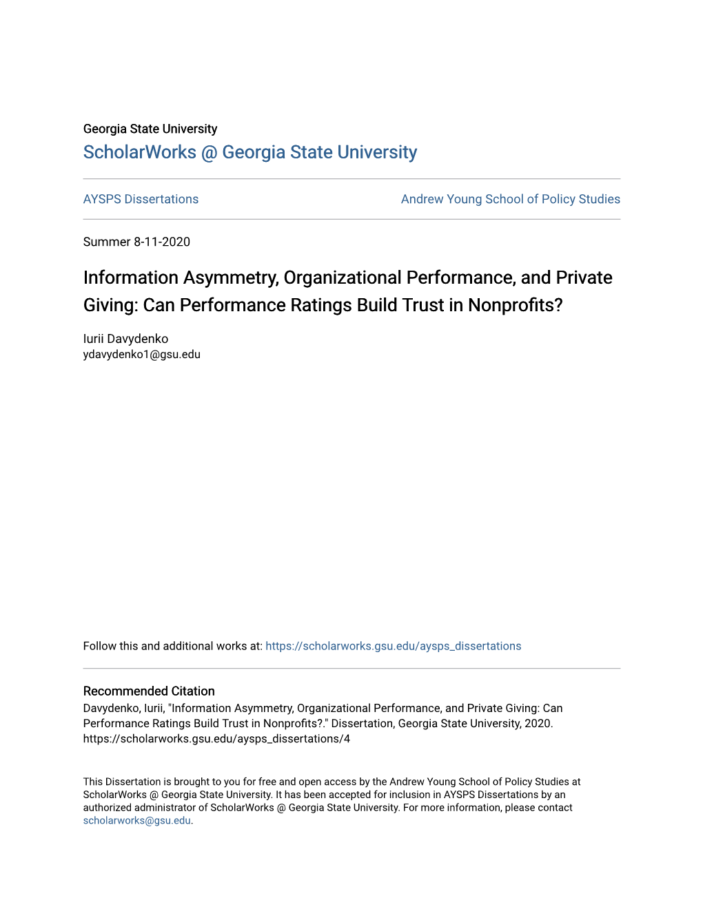 Information Asymmetry, Organizational Performance, and Private Giving: Can Performance Ratings Build Trust in Nonprofits?