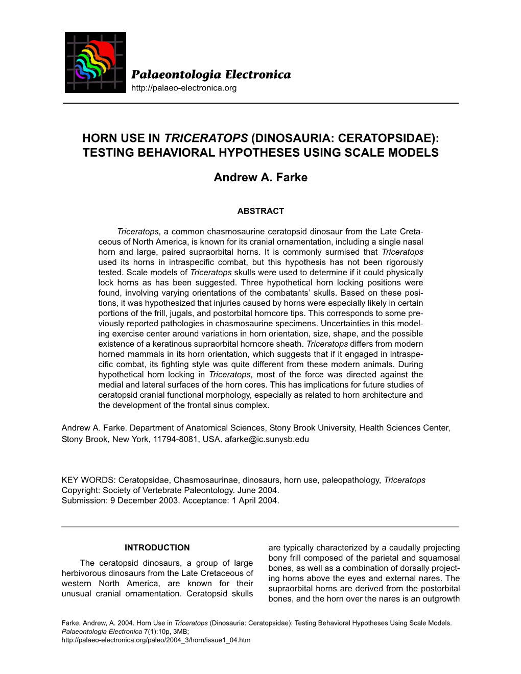 Horn Use in Triceratops (Dinosauria: Ceratopsidae): Testing Behavioral Hypotheses Using Scale Models