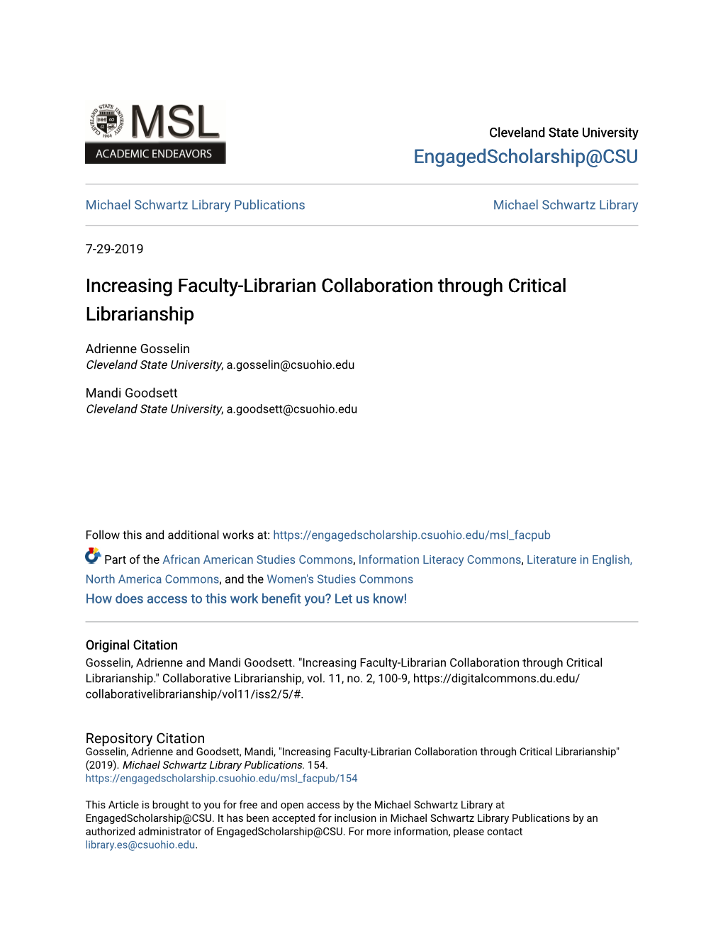 Increasing Faculty-Librarian Collaboration Through Critical Librarianship