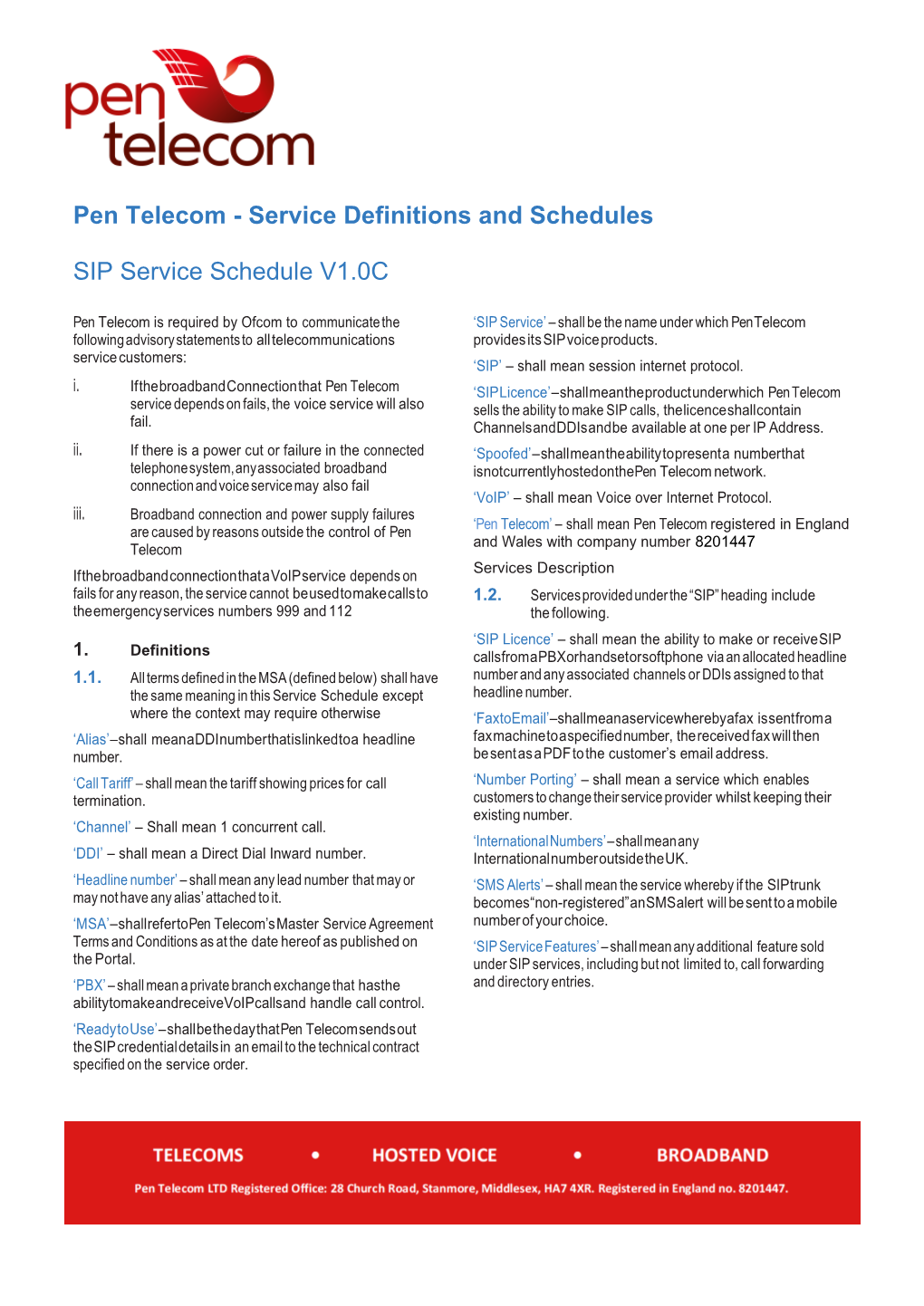 Master Service Agreement Service Definitions