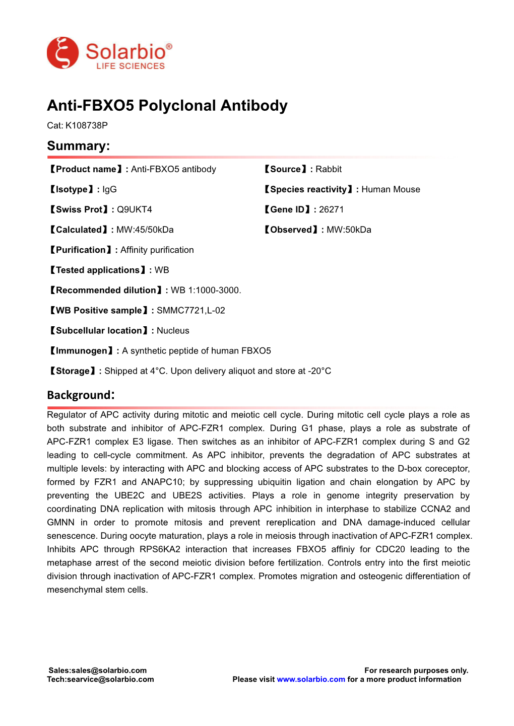 Anti-FBXO5 Polyclonal Antibody Cat: K108738P Summary