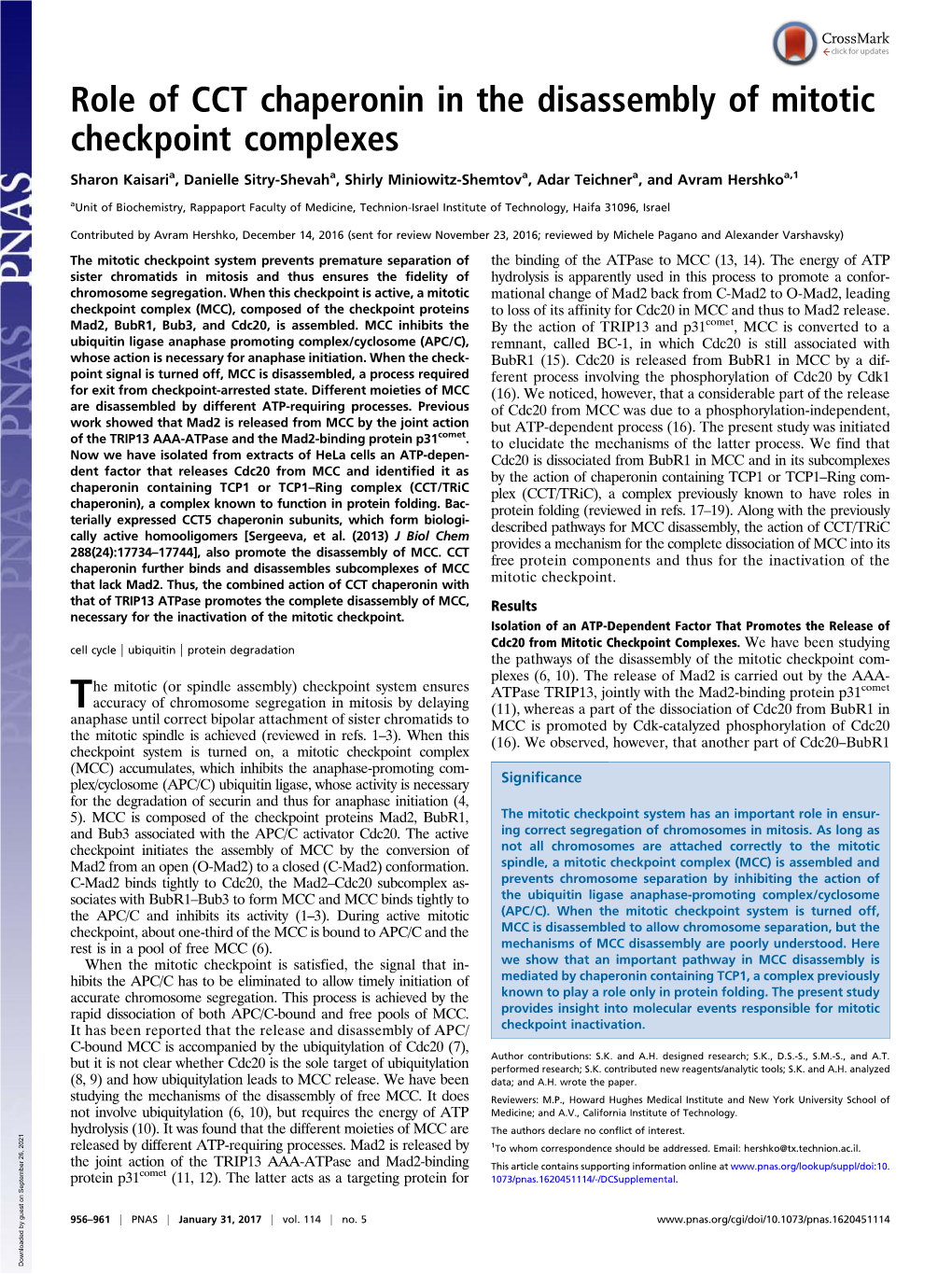 Role of CCT Chaperonin in the Disassembly of Mitotic Checkpoint Complexes