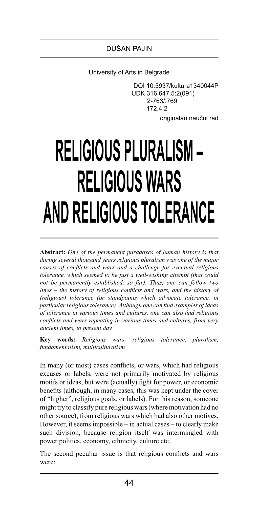 Religious Wars and Religious Tolerance