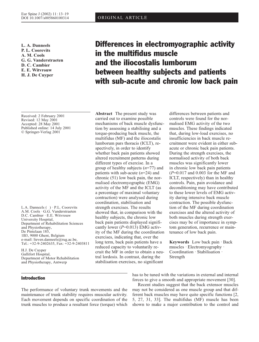 Differences in Electromyographic Activity in the Multifidus Muscle And