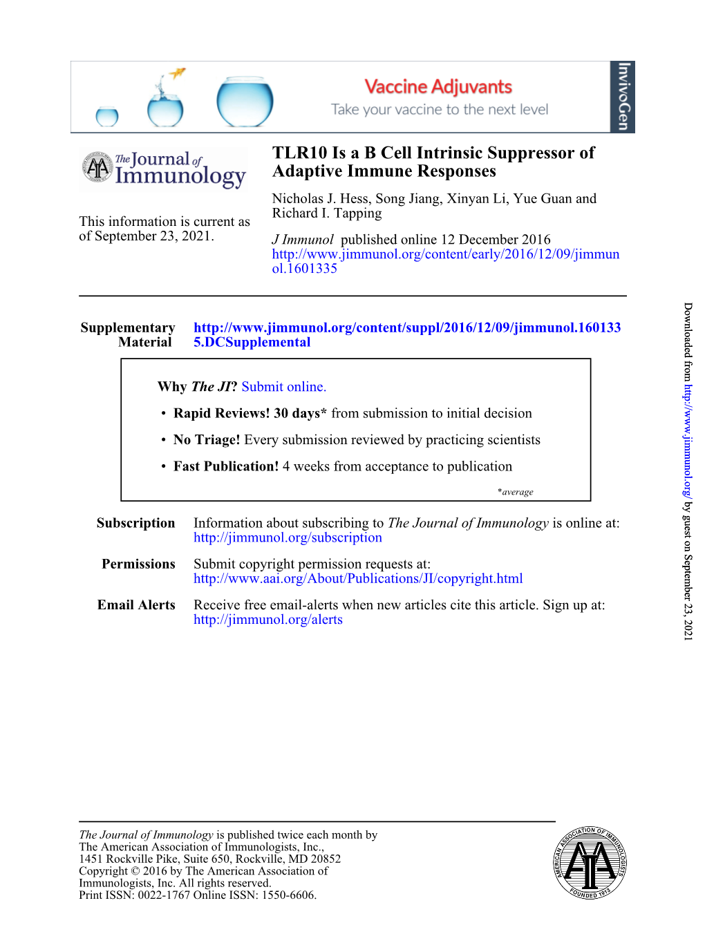 TLR10 Is a B Cell Intrinsic Suppressor of Adaptive Immune Responses Nicholas J