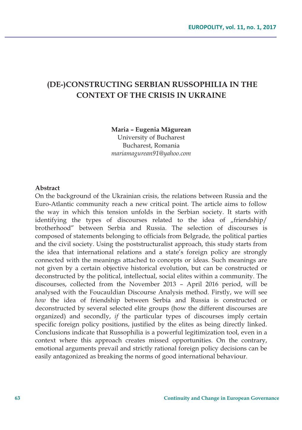 Constructing Serbian Russophilia in the Context of the Crisis in Ukraine