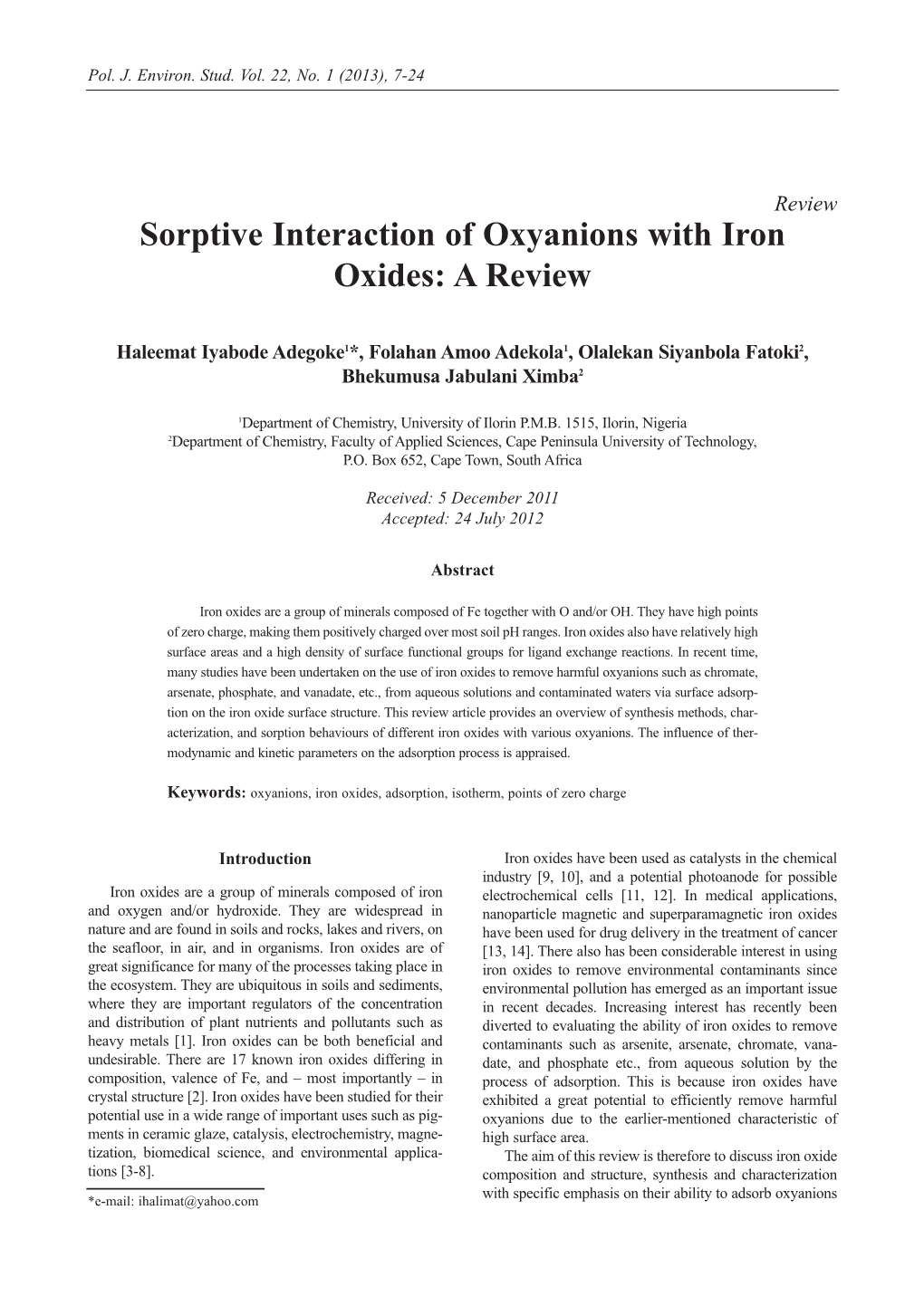 Sorptive Interaction of Oxyanions with Iron Oxides: a Review