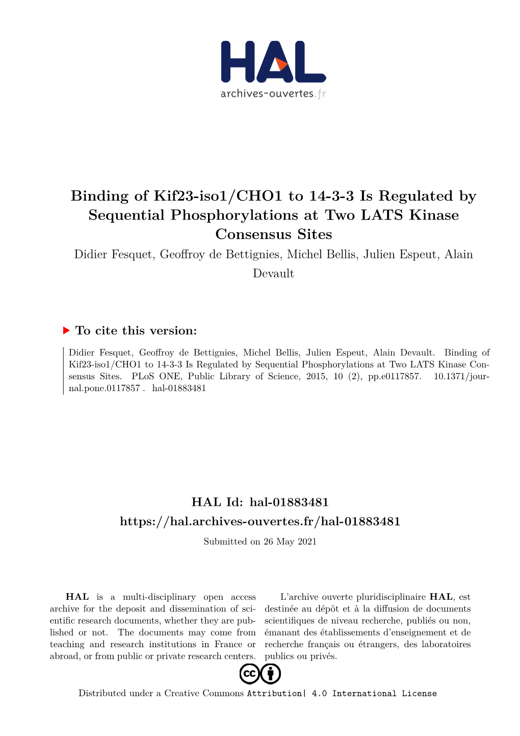 Binding of Kif23-Iso1/CHO1 to 14-3-3 Is Regulated