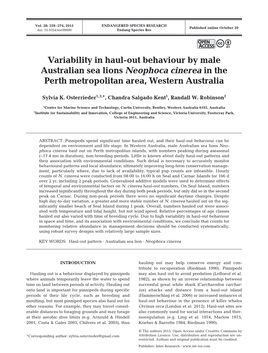 Variability in Haul-Out Behaviour by Male Australian Sea Lions Neophoca Cinerea in the Perth Metropolitan Area, Western Australia