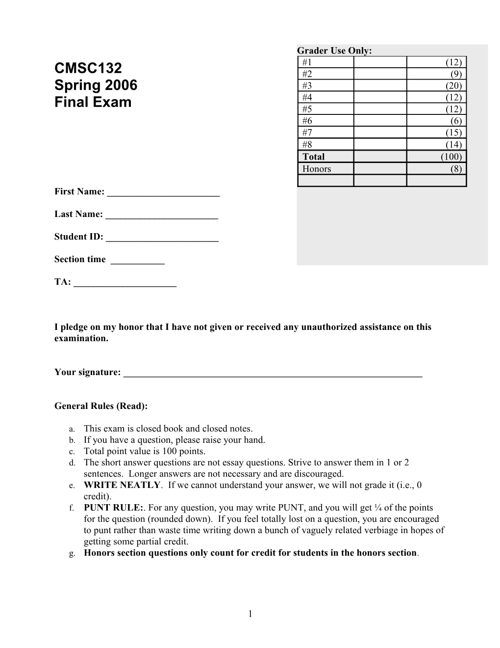 Problem 1 (20 Points) General Questions About Topics Covered in Class