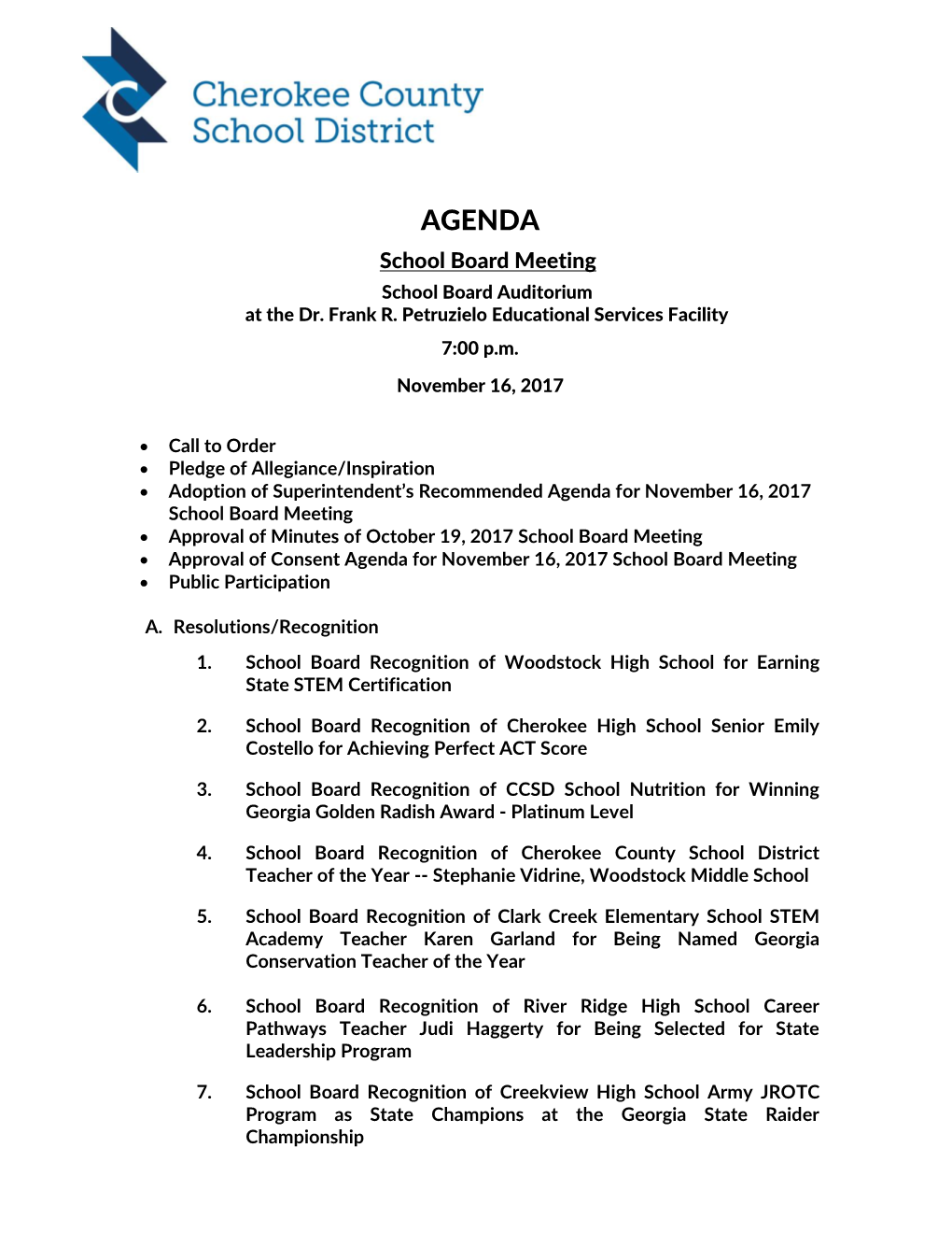 School Board Meeting Agenda