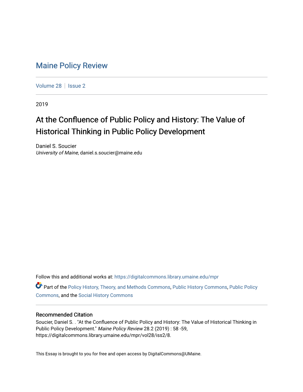 At the Confluence of Public Policy and History: the Value of Historical Thinking in Public Policy Development