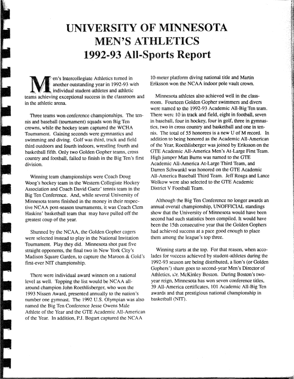 UNIVERSITY of MINNESOTA MEN's ATHLETICS 1992-93 All-Sports Report