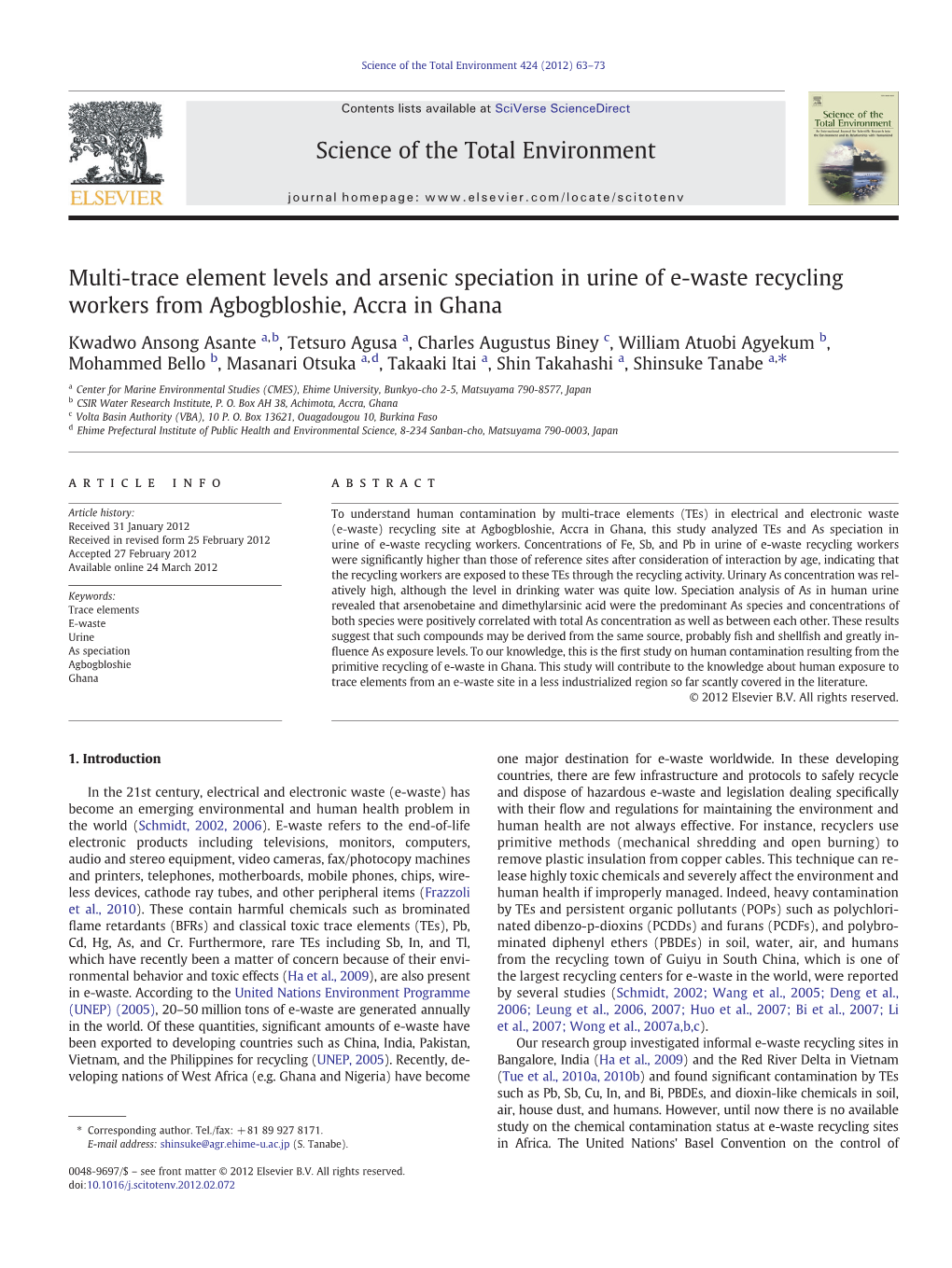 Multi-Trace Element Levels and Arsenic Speciation in Urine of E-Waste Recycling Workers from Agbogbloshie, Accra in Ghana