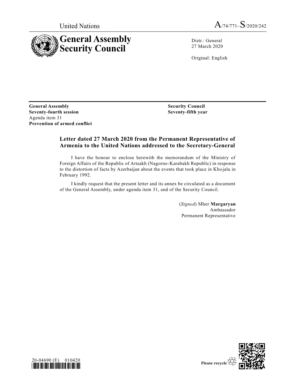 General Assembly Security Council Seventy-Fourth Session Seventy-Fifth Year Agenda Item 31 Prevention of Armed Conflict