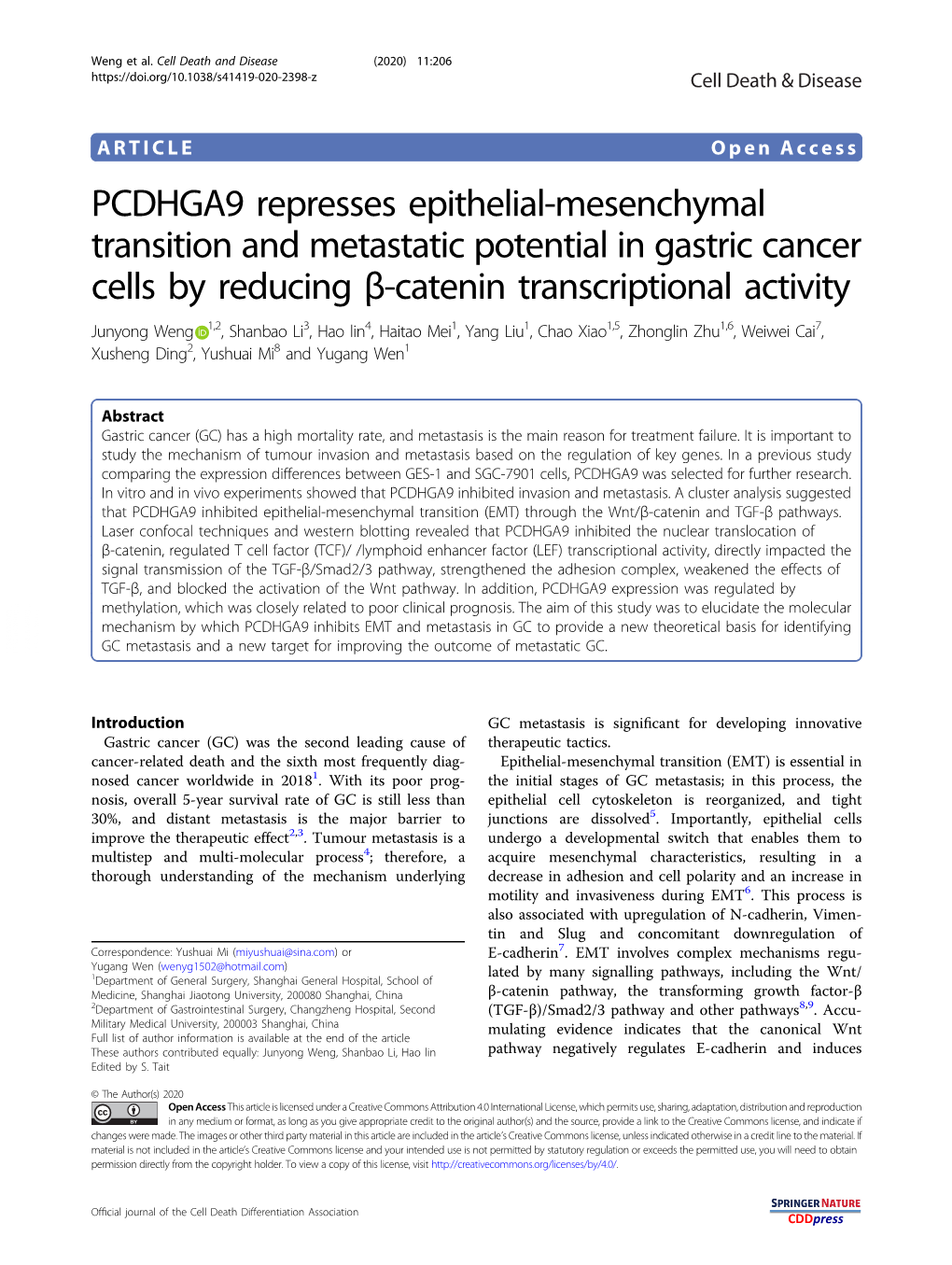 PCDHGA9 Represses Epithelial-Mesenchymal Transition and Metastatic Potential in Gastric Cancer Cells by Reducing Β-Catenin Tran