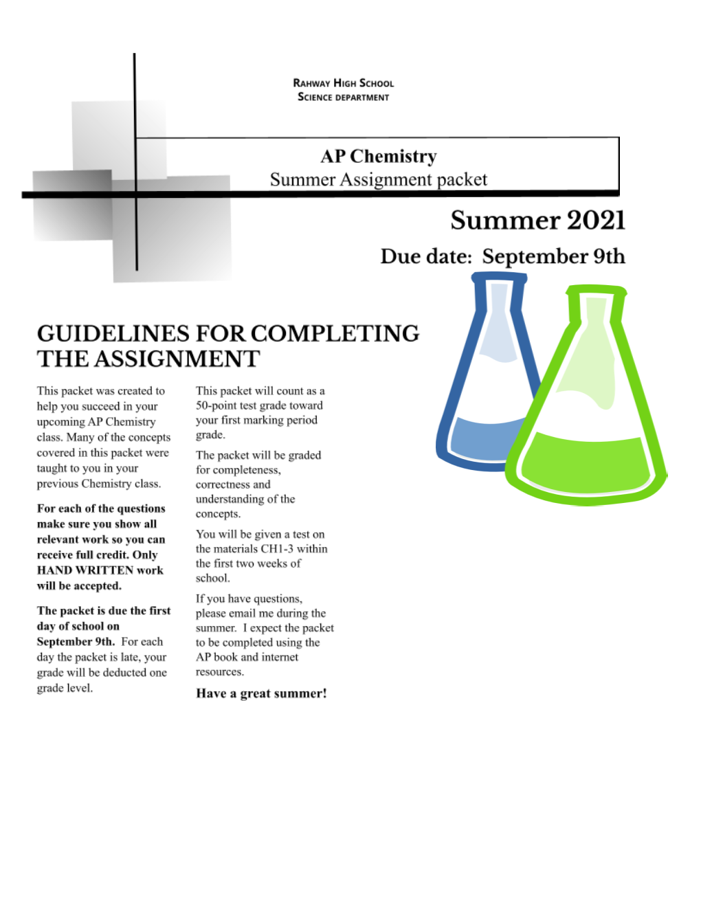 AP Chemistry Summer Assignment 2021-22 School Year
