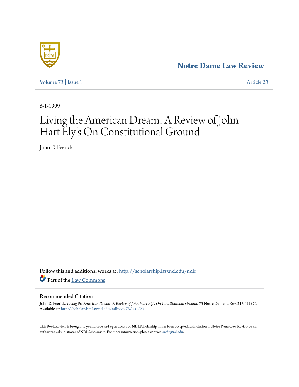 A Review of John Hart Ely's on Constitutional Ground John D