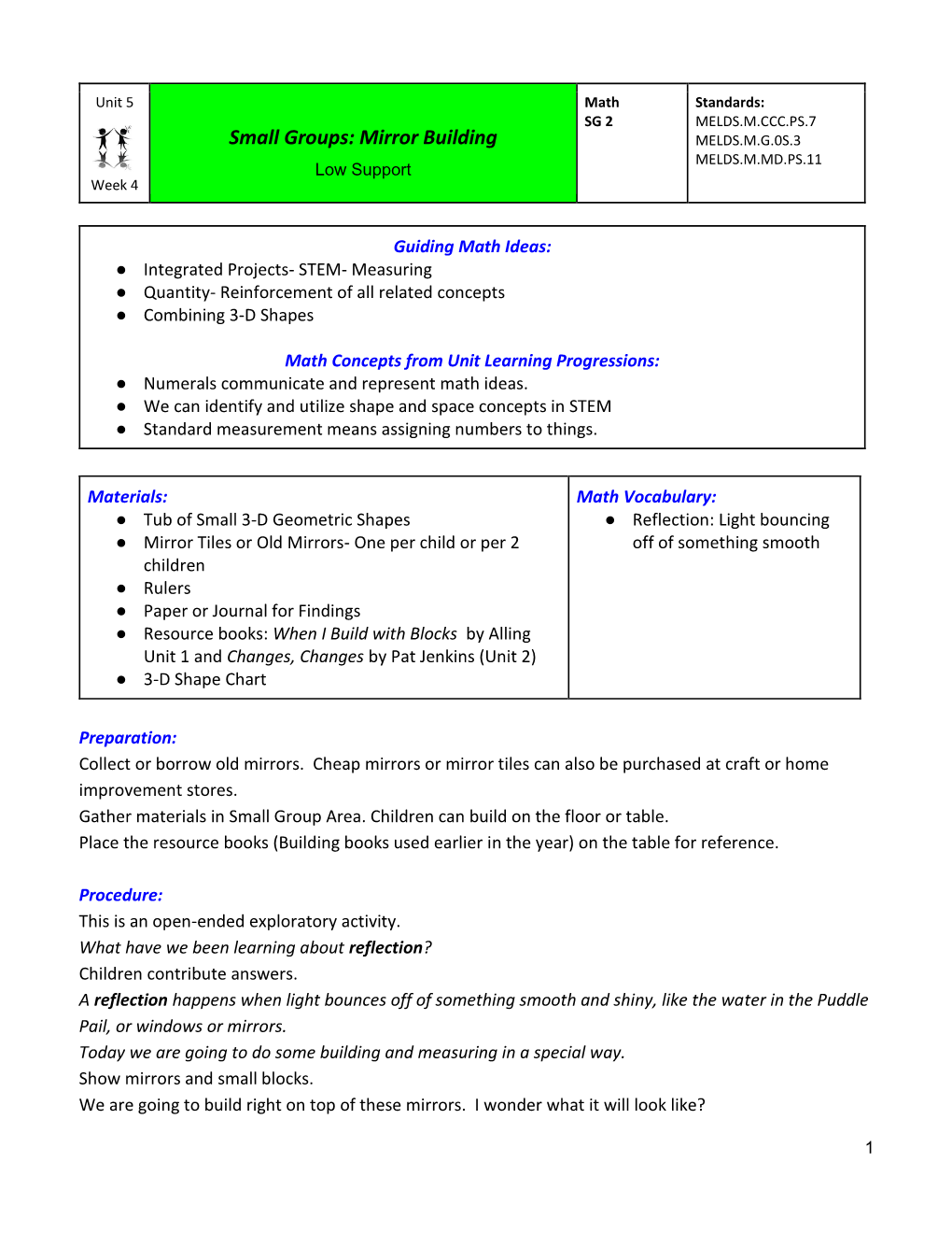 Small Groups: Mirror Building MELDS.M.G.0S.3 MELDS.M.MD.PS.11 Low Support Week 4