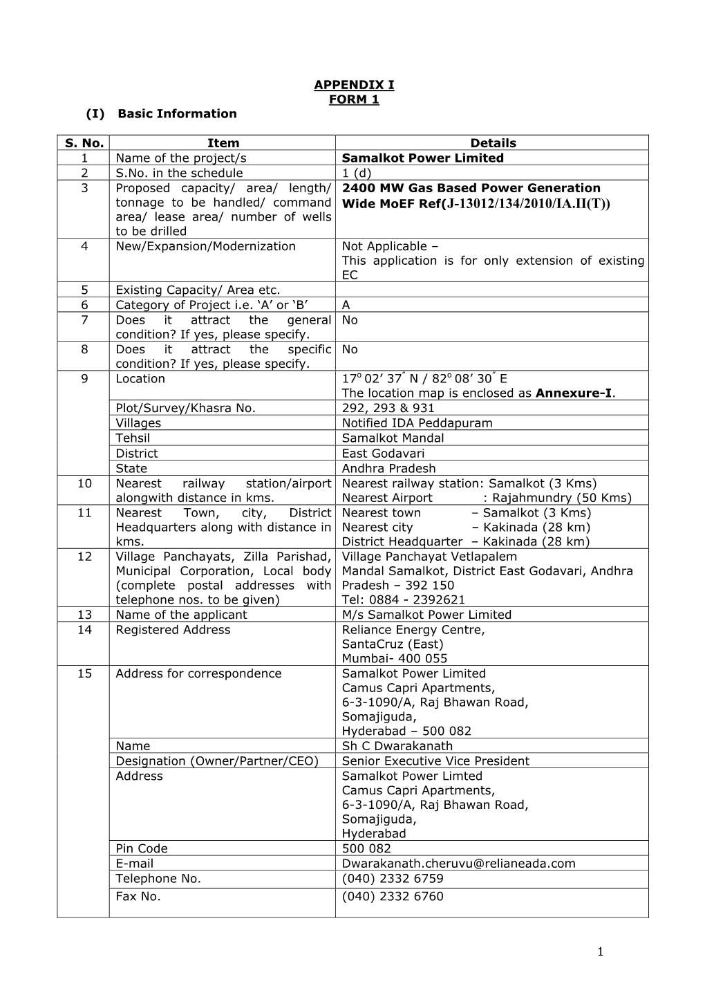 APPENDIX I FORM 1 (I) Basic Information