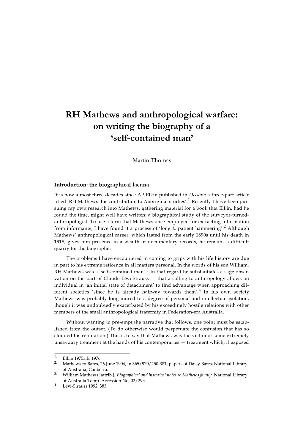 RH Mathews and Anthropological Warfare: on Writing the Biography of a ‘Self-Contained Man’