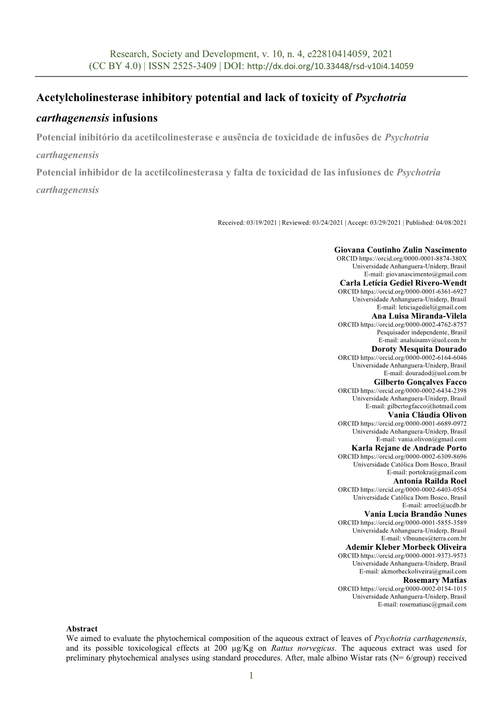 Acetylcholinesterase Inhibitory Potential and Lack of Toxicity of Psychotria Carthagenensis Infusions