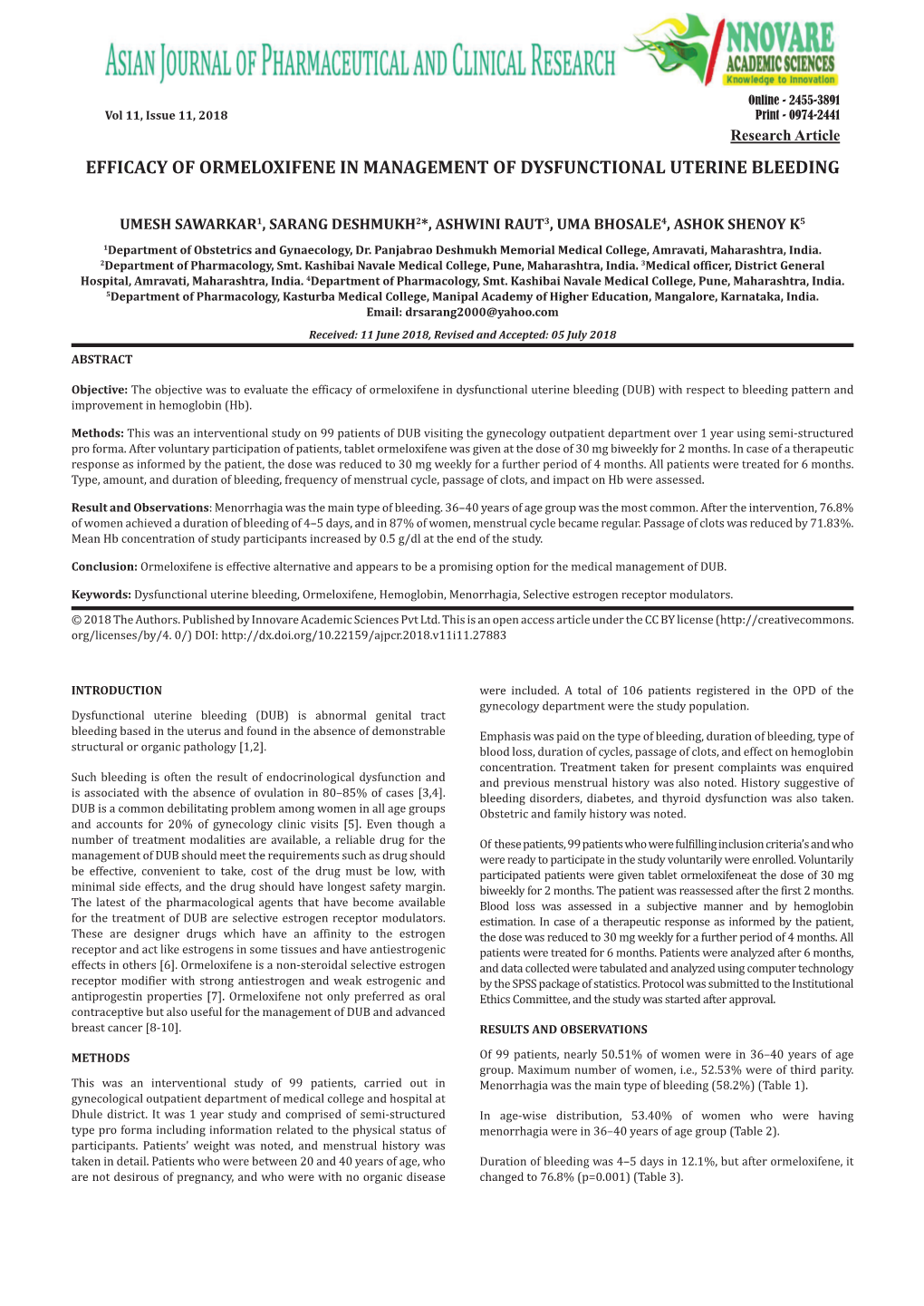 Efficacy of Ormeloxifene in Management of Dysfunctional Uterine Bleeding