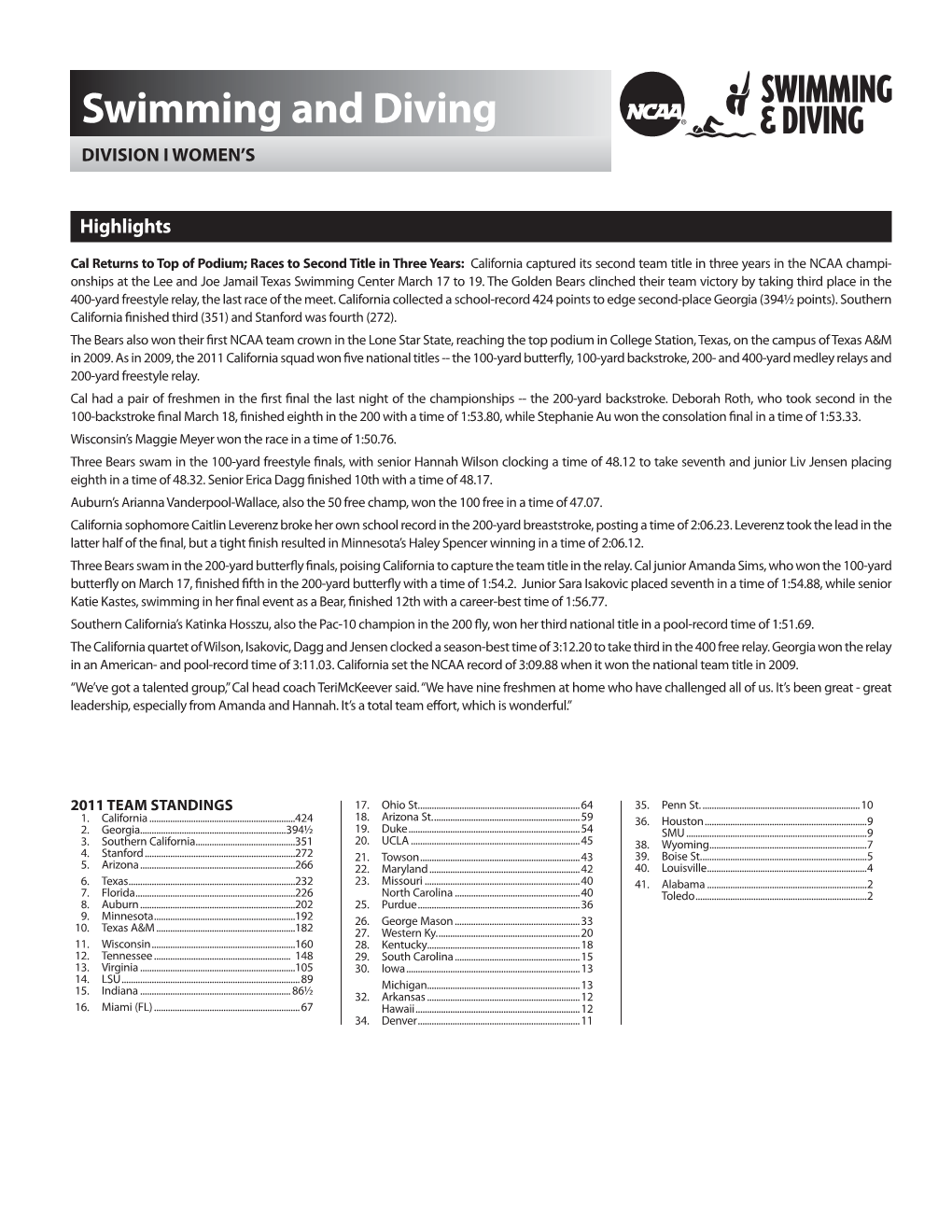 Swimming and Diving DIVISION I WOMEN’S