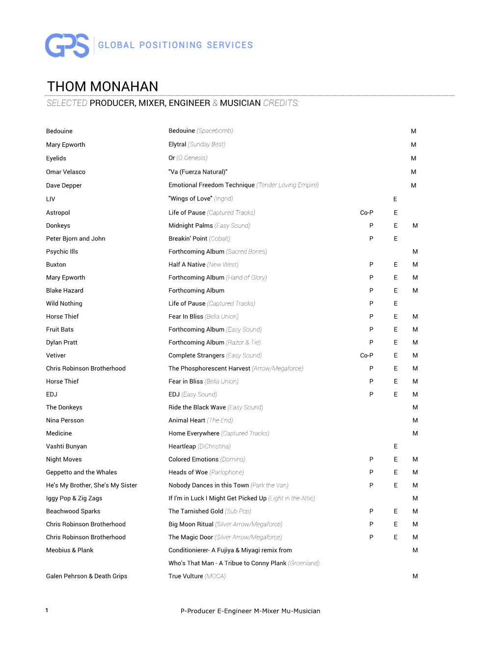 Thom Monahan Selected Producer, Mixer, Engineer & Musician Credits