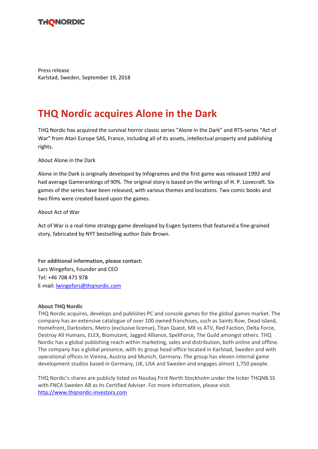 THQ Nordic Acquires Alone in the Dark