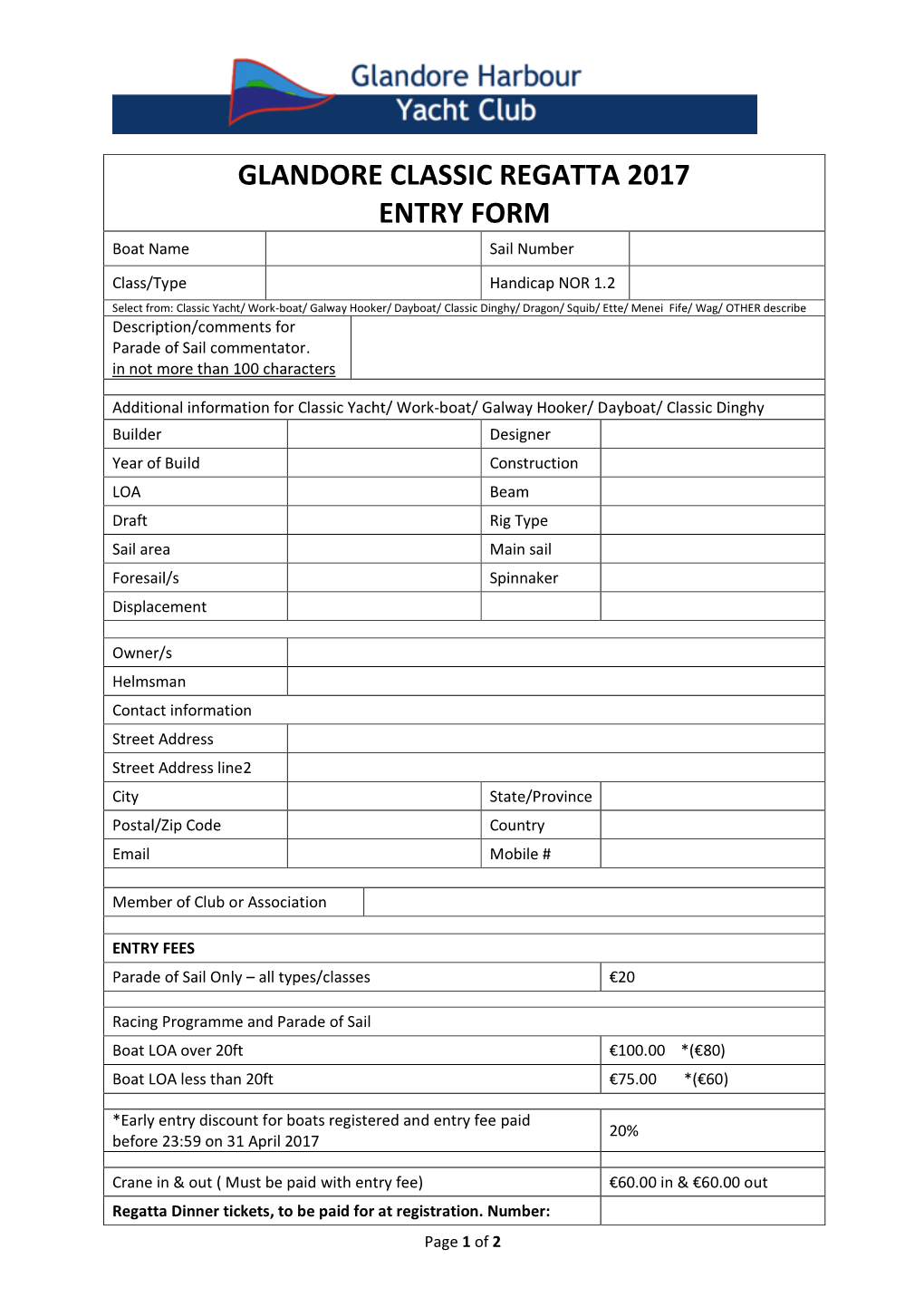 Glandore Classic Regatta 2017 Entry Form