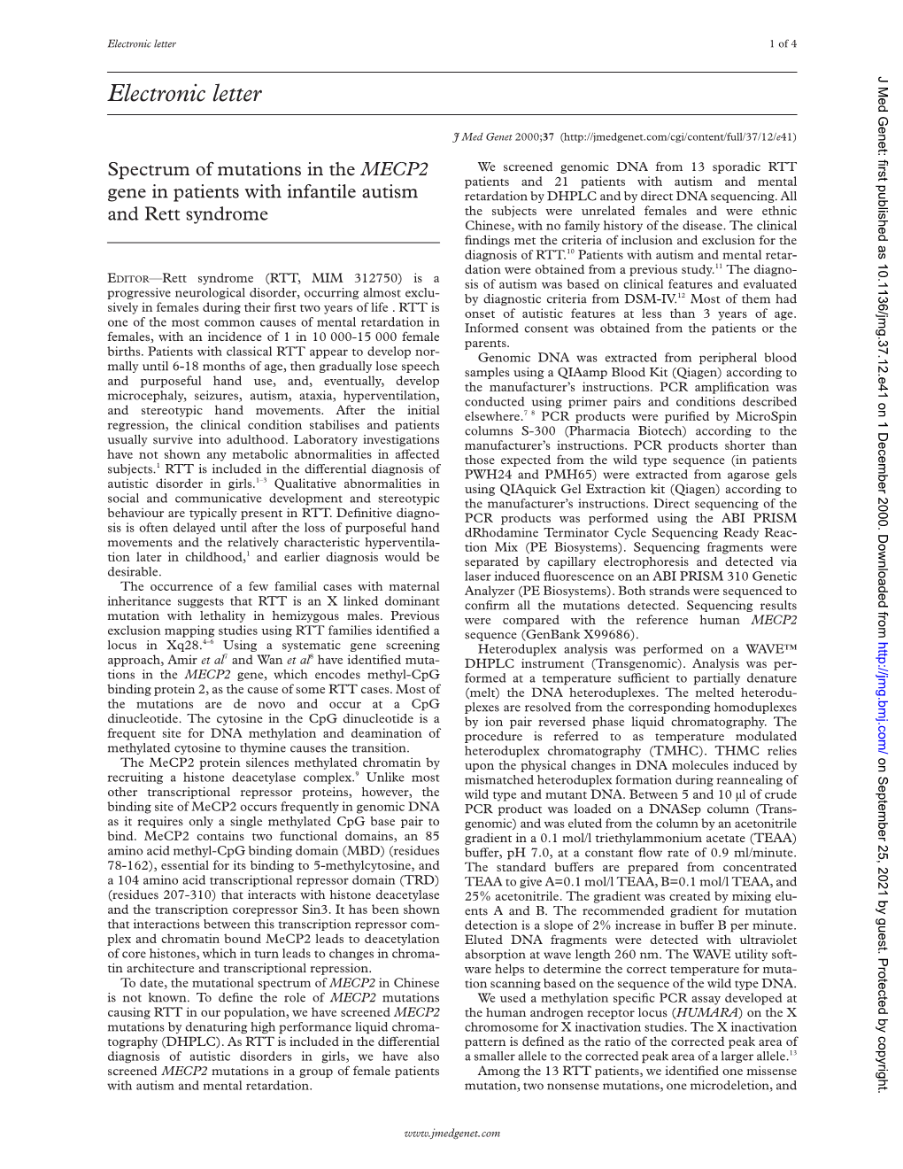 Electronic Letter 1Of4 J Med Genet: First Published As 10.1136/Jmg.37.12.E41 on 1 December 2000