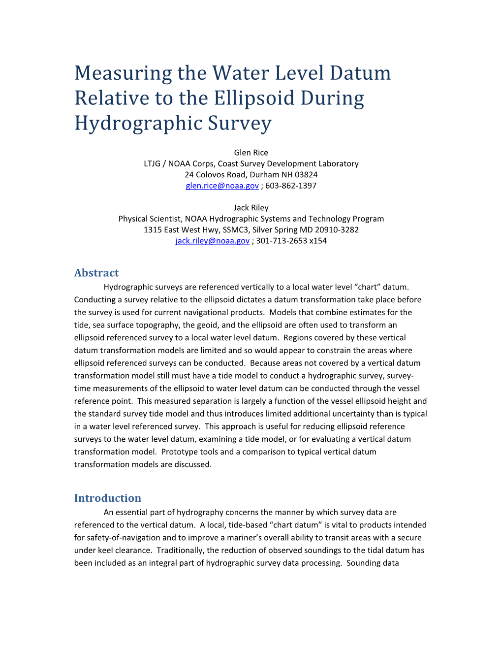 Measuring the Water Level Datum Relative to the Ellipsoid During Hydrographic Survey