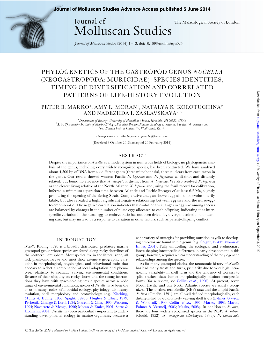 Molluscan Studies Advance Access Published 5 June 2014