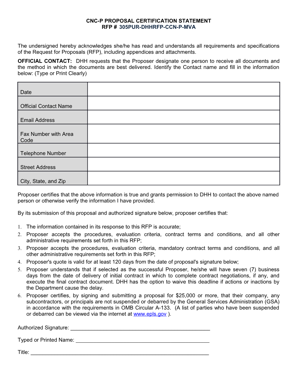 Cnc-P Proposal Certification Statement