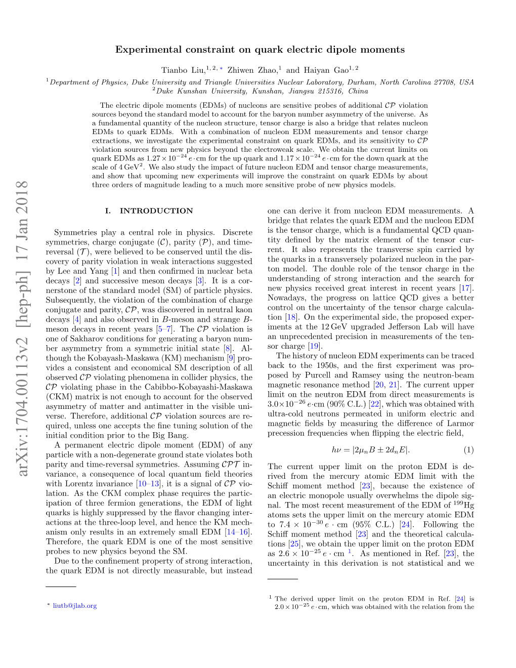 Experimental Constraint on Quark Electric Dipole Moments