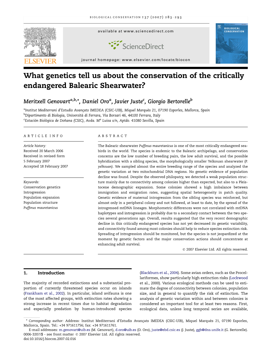 What Genetics Tell Us About the Conservation of the Critically Endangered Balearic Shearwater?