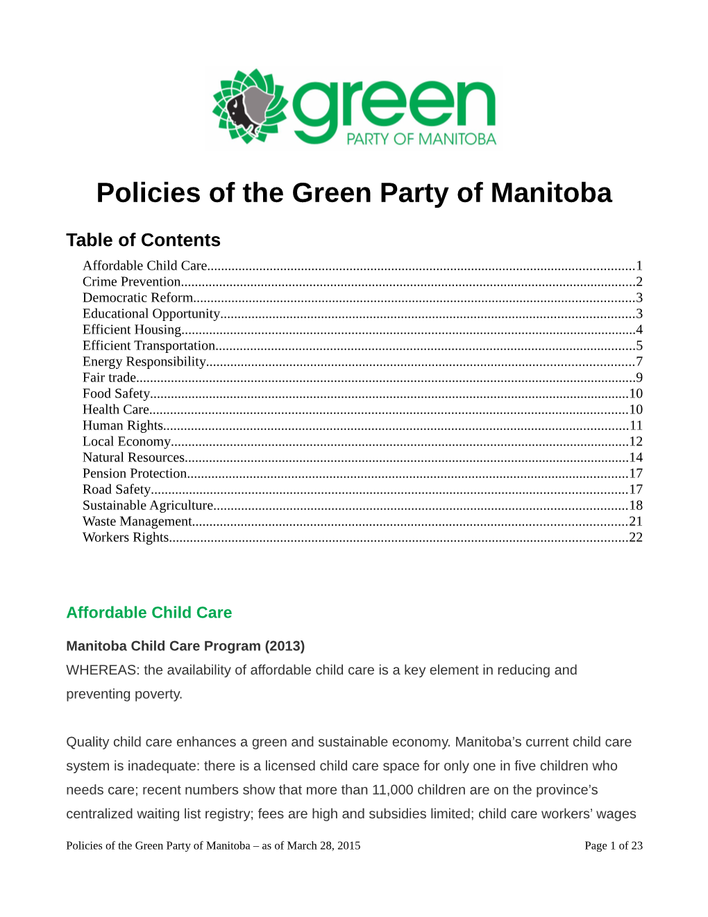 Policies of the Green Party of Manitoba