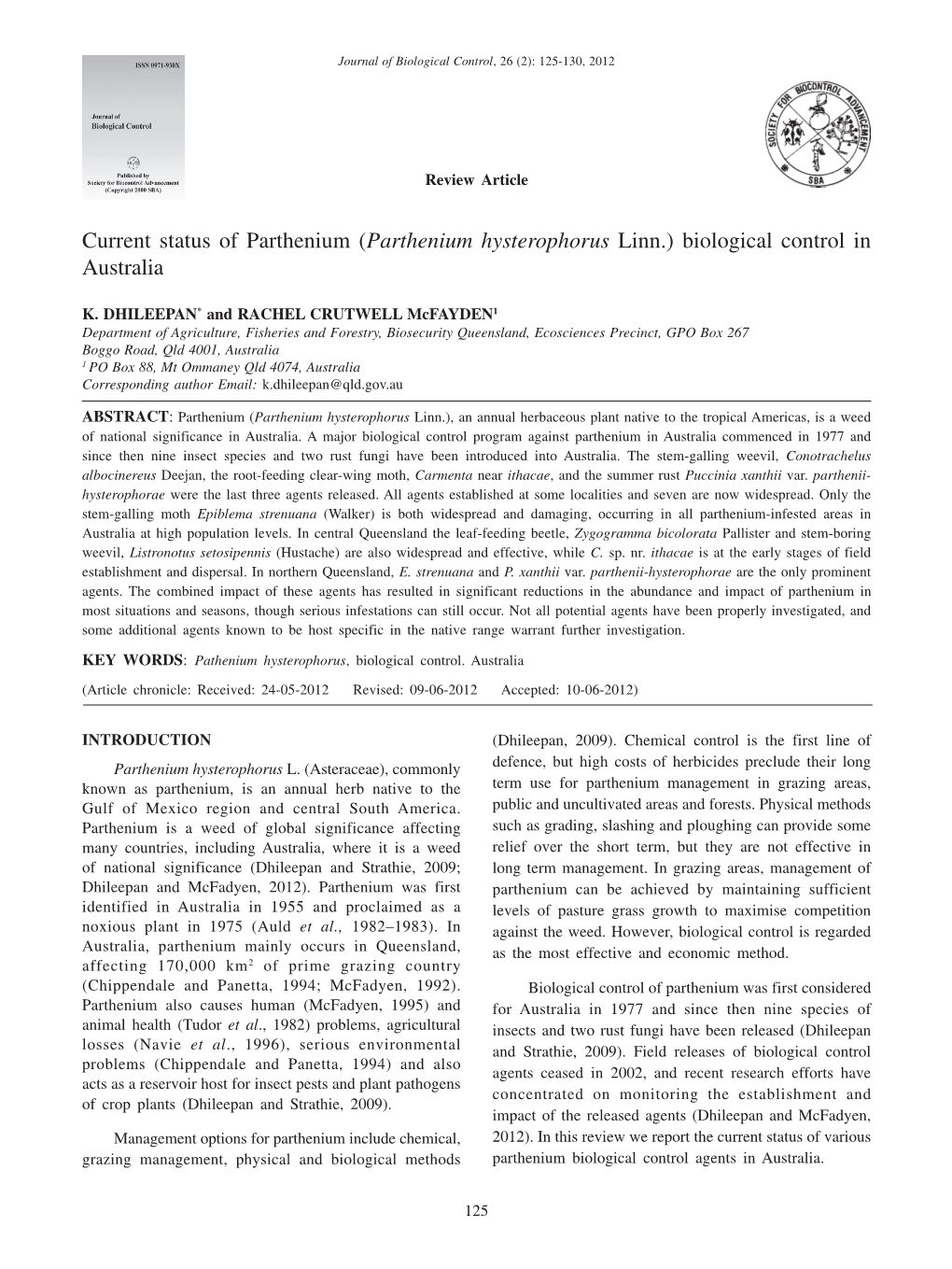 Parthenium Hysterophorus Linn.) Biological Control in Australia