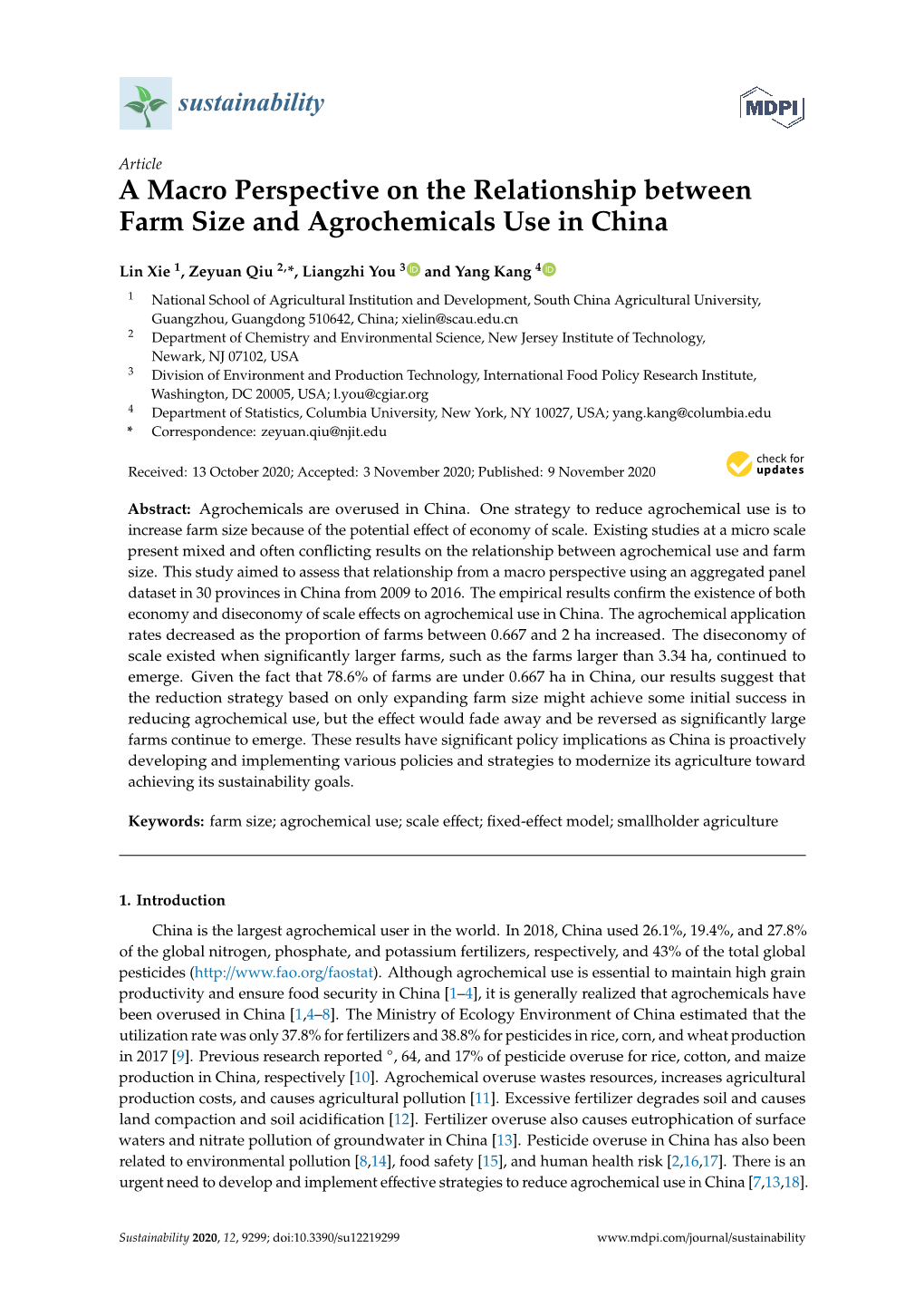 A Macro Perspective on the Relationship Between Farm Size and Agrochemicals Use in China