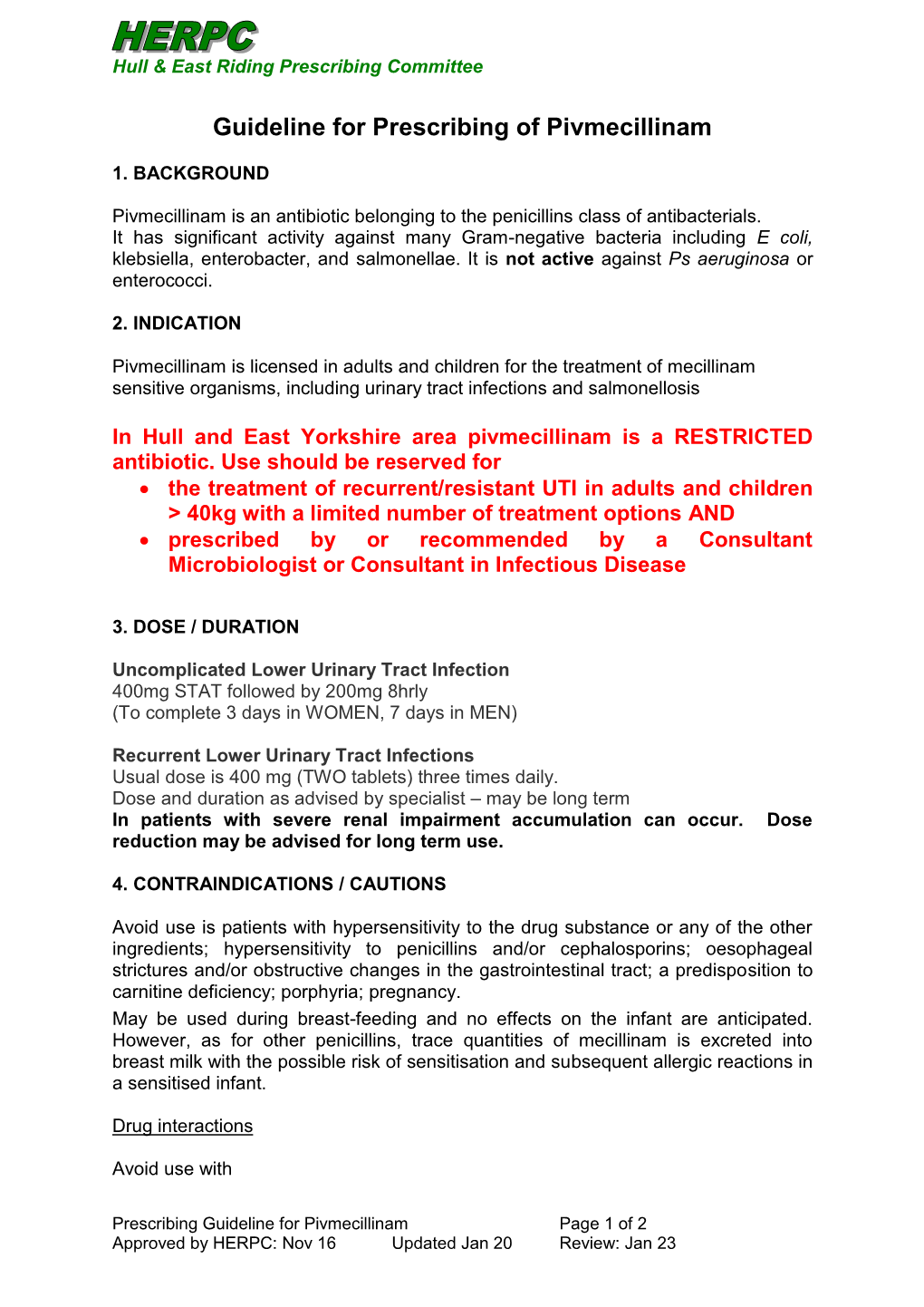 Guideline for Prescribing of Pivmecillinam