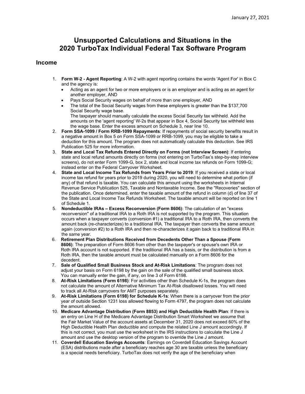 Unsupported Calculations and Situations in the 2020 Turbotax Individual Federal Tax Software Program