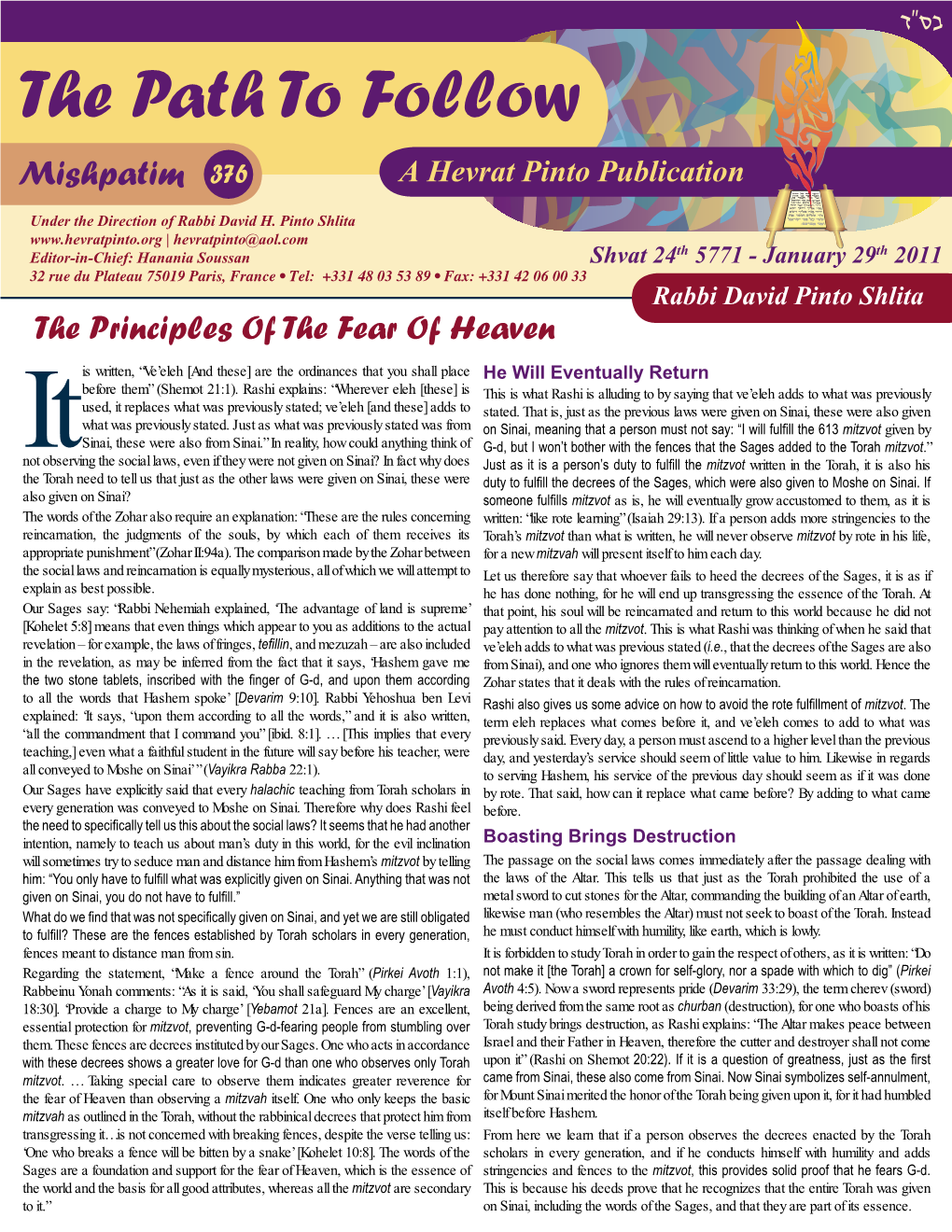 The Path to Follow Mishpatim 376 a Hevrat Pinto Publication