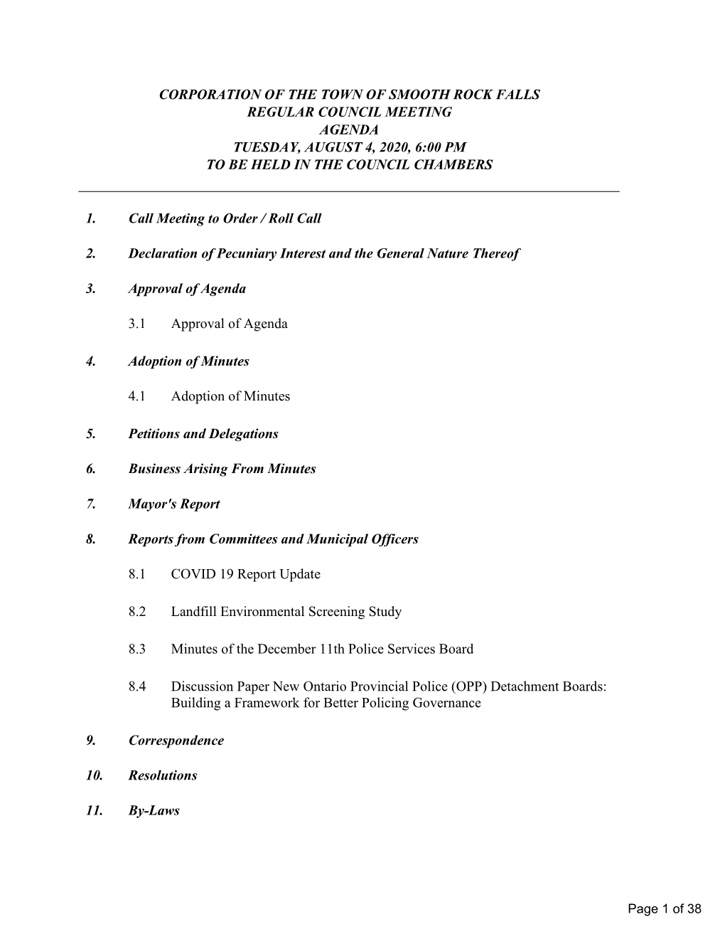 Regular Council Meeting Agenda Tuesday, August 4, 2020, 6:00 Pm to Be Held in the Council Chambers