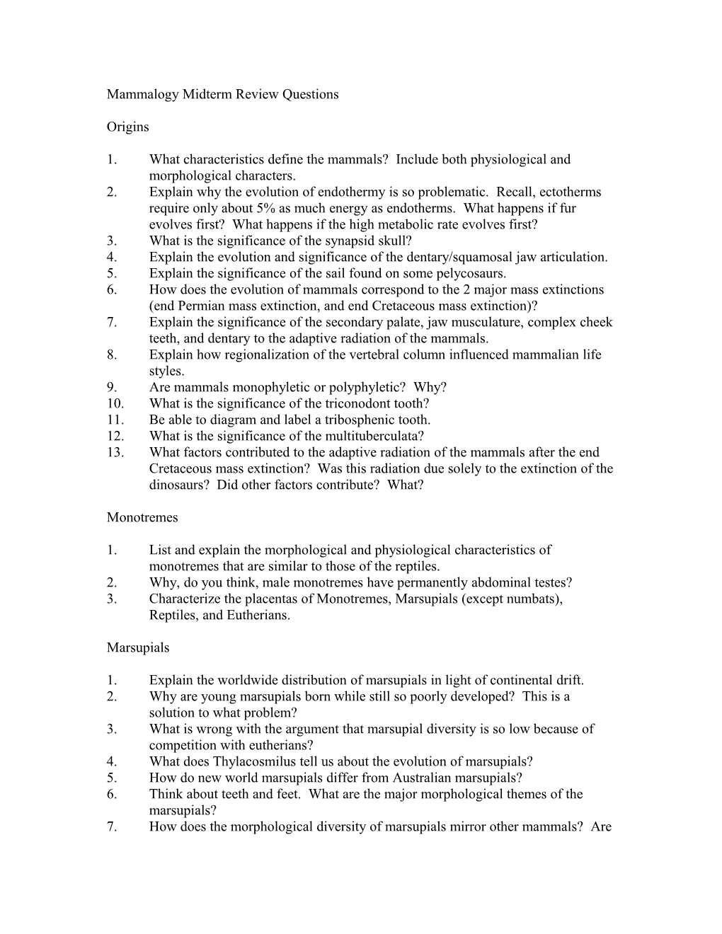 Mammalogy Midterm Review Questions