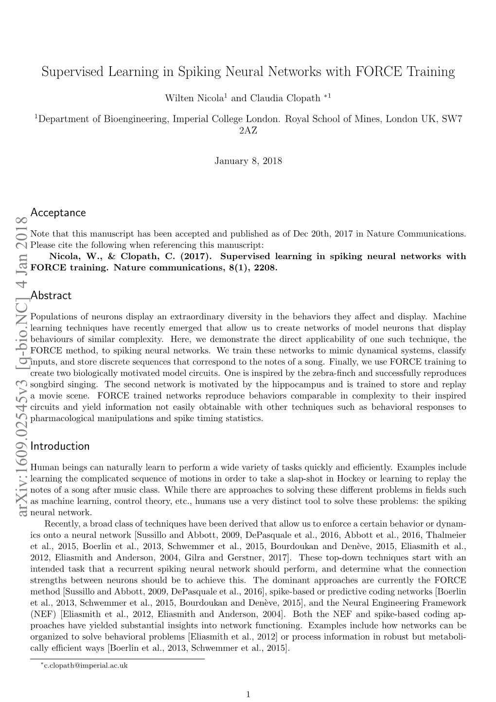 Supervised Learning in Spiking Neural Networks with FORCE Training